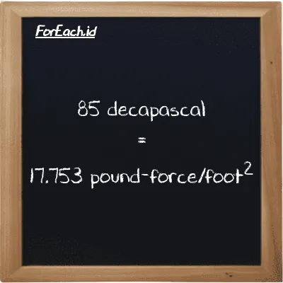 85 decapascal is equivalent to 17.753 pound-force/foot<sup>2</sup> (85 daPa is equivalent to 17.753 lbf/ft<sup>2</sup>)